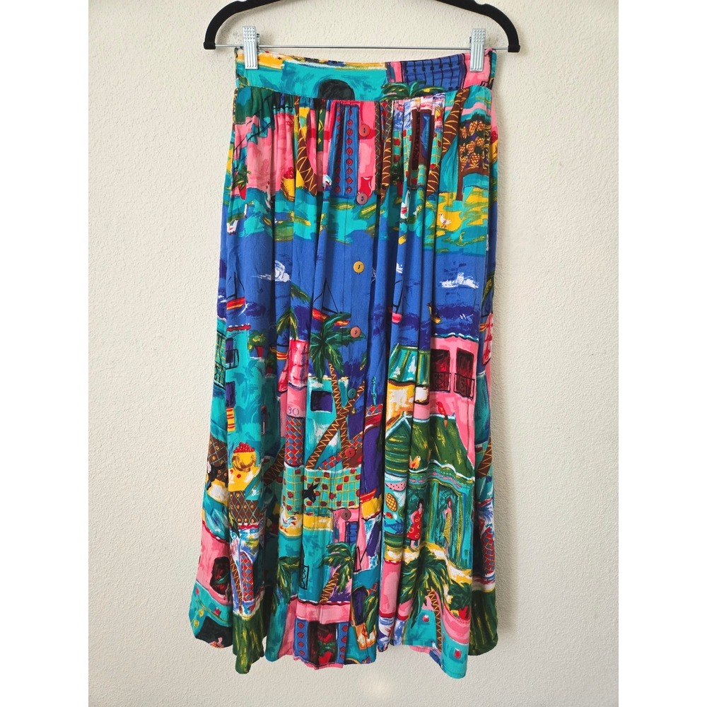 Vintage Carole Little Womens 4 Midi Skirt Multicolor Tropical Village Rayon USA - Picture 11 of 11